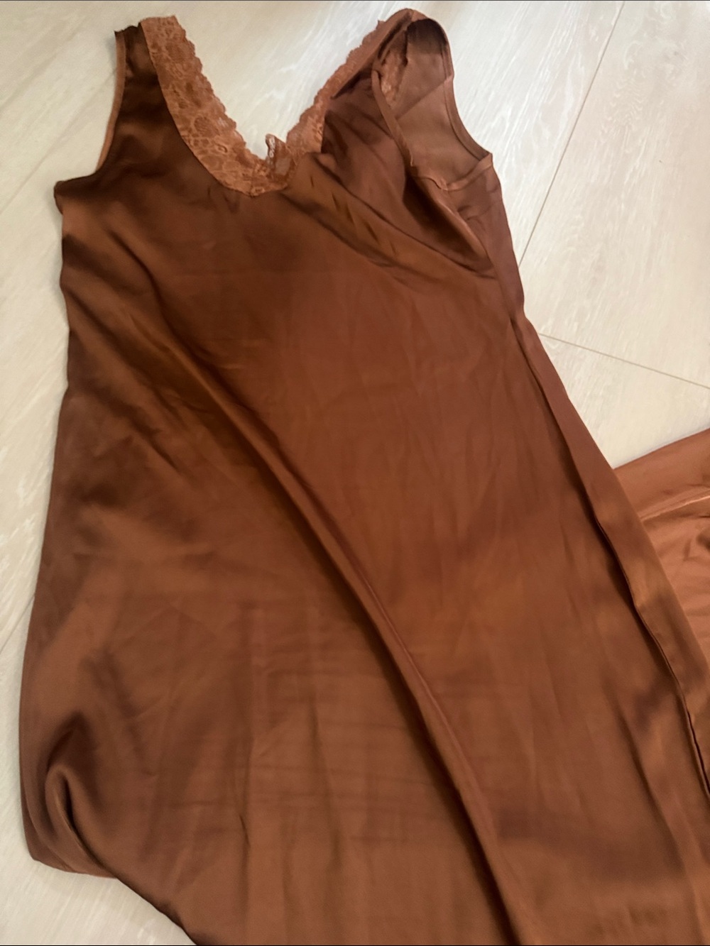 Lioness Copper-Brown Satin Lace-Trim Maxi Slip Dress - Picture 9 of 10